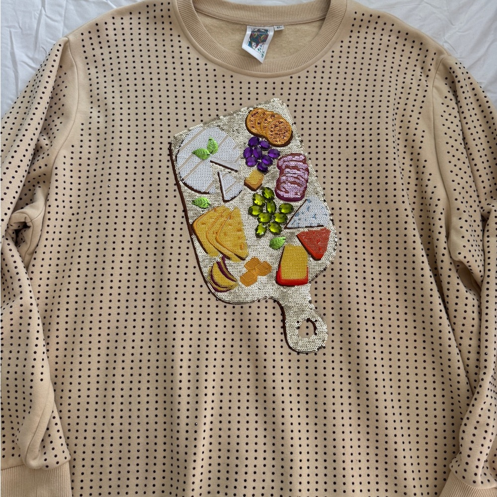 Queen of Sparkles Charcuterie Board Sequin Sweatshirt Tan XL